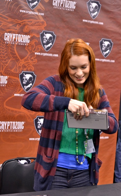 Felicia Day with her The Guild trading cards!